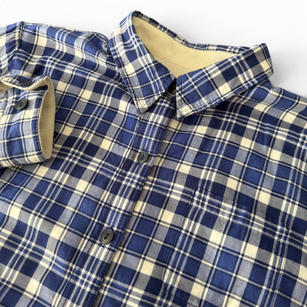 L.L.Bean Sherpa Flannel Shirt Jacket Men L Blue Plaid Fleece Lined Cotton Button